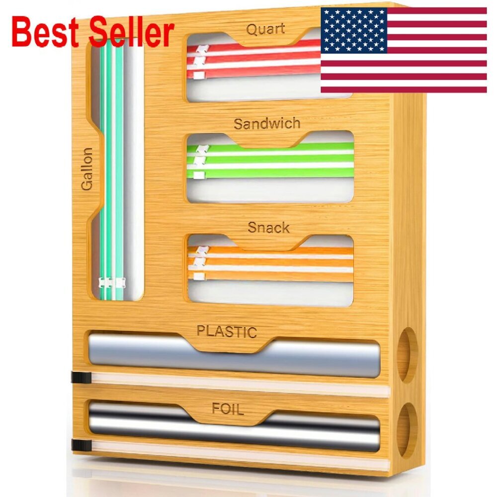 Bamboo Kitchen Organizer 6-in-1 Drawer Storage Food Bag Wrap Dispenser
